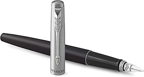 Parker Jotter - Pluma estilográfica, con cuerpo de metal y plumín mediano, en estuche de regalo, de color negro y tinta azul