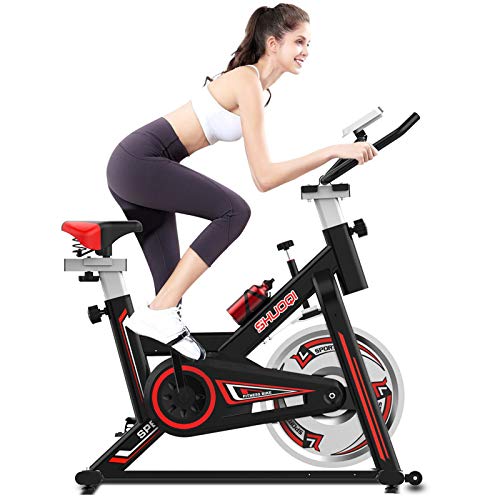 SHUOQI Bicicleta estáticas para Fitness, Bici de Spinning, Calidad Profesional, Rueda de inercia bidireccional,Transmisión por Cadena Fija,Asiento Ajustable, Pantalla LCD