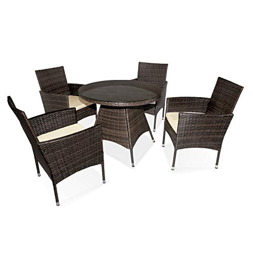 DISTRIGAL.SL HomeSouth - Conjunto de Mesa y 4 sillas de jardín, Mesa Mueble de Exterior, Silla con cojín, Acabado en Color Marrón, Modelo Peru, Medidas Mesa: 90 cm de diámetro x 73 cm de Alto