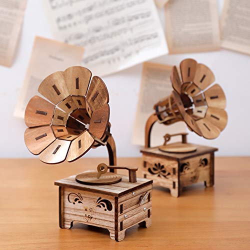Garre tlin - Caja de música con forma de gramófono de manivela de madera, diseño vintage antiguo, regalo de cumpleaños para niños, color marrón