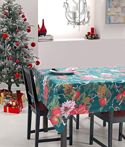 KUTEX Juego de mantel fabricado en Italia, 140 x 180 cm y 6 servilletas con impresión navideña, varios diseños y colores (flor de Navidad verde)