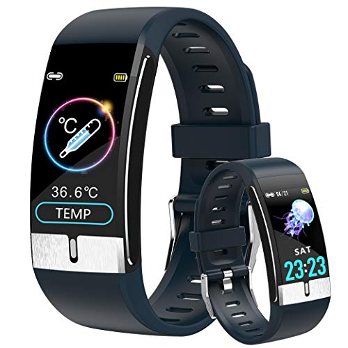 Smartwatch con Medidor de Temperatura Corporal, Reloj Inteligente Medidor de Frecuencia Cardíaca Medidor de Presión del Tiempo Contador de Calorías Podómetro para Hombre y Mujer, Azul
