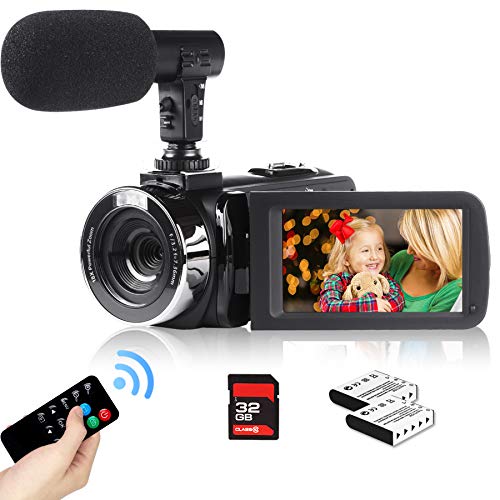 Heegomn 2.7K Videocámara para Youtube Vlogging, 2688x1520P Kit de cámara de Video Digital HD de Ultra Alta definición con micrófono Externo Profesional, Tarjeta SD, 2 baterías, Control Remoto