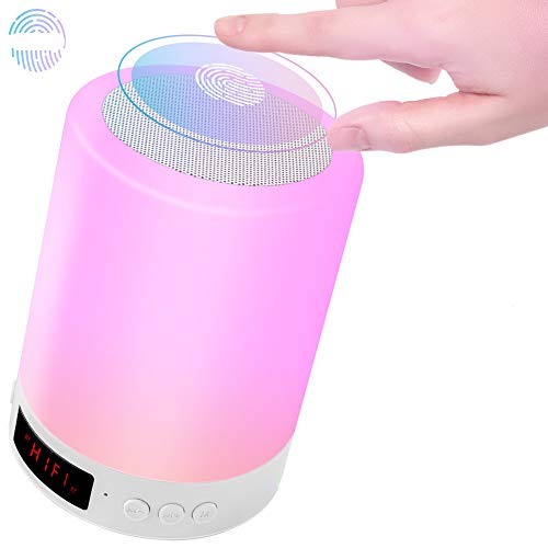 Lámpara de Mesa de Noche, USB Recargable Luz de Nocturna LED Altavoz Bluetooth, Portatil Lámpara Control Tactil Regulable con Despertador, para Escritorio, Habitación, Camping, Ambiente de Interior