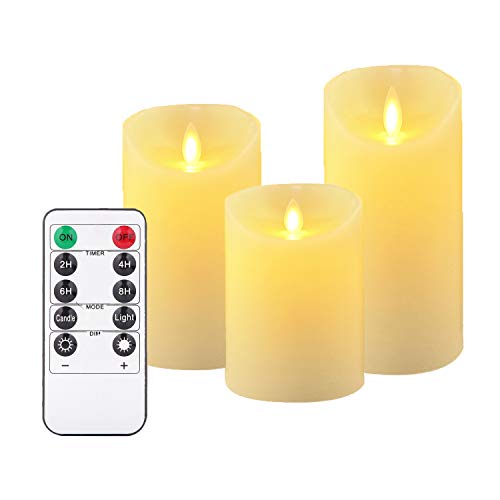 OSHINE - Velas sin Llama, Juego de 3 Pilares de Cera Real sin Goteo con LED de Baile Realistas y Control Remoto de 10 Teclas con Función Temporizador, Marfil