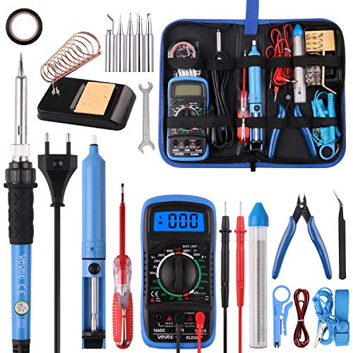 Soldadores de Estaño 24 Piezas, WOWGO 60W Kit Soldador Eléctrica con 5 Puntas, Temperatura Ajustable, Multímetro Digital, Soporte, Alambre de Soldadura, Bomba de Desoldar, Bolsa de Herramientas etc Soldadores de Estaño 24 Piezas, WOWGO 60W Kit Soldador Eléctrica con 5 Puntas, Temperatura Ajustable, Multímetro Digital, Soporte, Alambre de Soldadura, Bomba de Desoldar, Bolsa de Herramientas etc