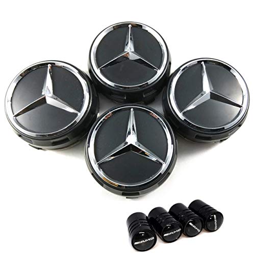 4 tapones para llantas de aleación de 75 mm con logotipo de Mercedes negro elevado, AMG Clase A B C E CLA CLK M ML S 4Matic 4 tapones para llantas de aleación de 75 mm con logotipo de Mercedes negro elevado, AMG Clase A B C E CLA CLK M ML S 4Matic