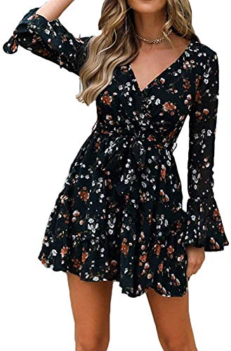 Vestido de Cóctel de Verano para Mujer con Mangas Largas A-línea de Cuello en V Estampado Floral con Cinturón de Cintura Alta (Negro, S) Vestido de Cóctel de Verano para Mujer con Mangas Largas A-línea de Cuello en V Estampado Floral con Cinturón de Cintura Alta (Negro, S)