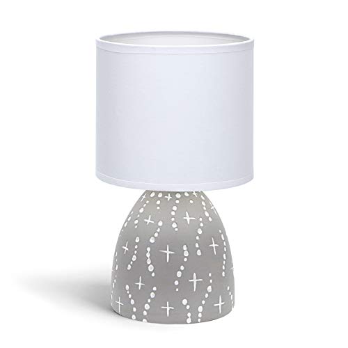 Aigostar 197025 - Lámpara de cerámica de mesa, cuerpo de diseño color gris con motivos blancos, pantalla de tela color blanco, casquillo E14. Perfecta para el salón, dormitorio o recibidor.