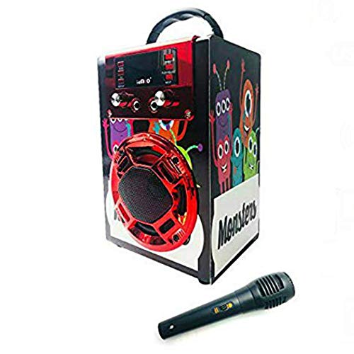 Altavoz Karaoke con Micrófono 25W Reproductor Radio FM MP3 Dos Entrada Mic Inalámbrico Portátil Madera USB SD Card Recargable con Mando (JA01-Rojo)