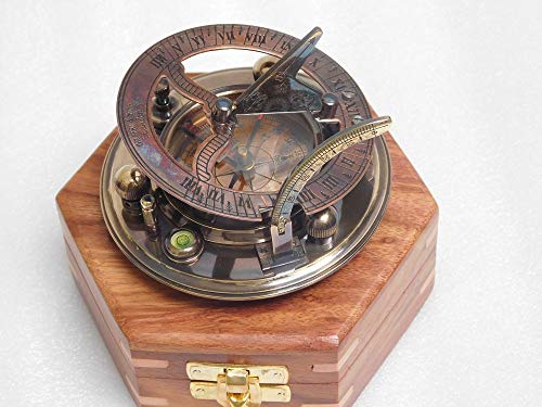 Brújula de latón antiguo reloj de sol RIRHTAJUS totalmente funcional con caja de palisandro.