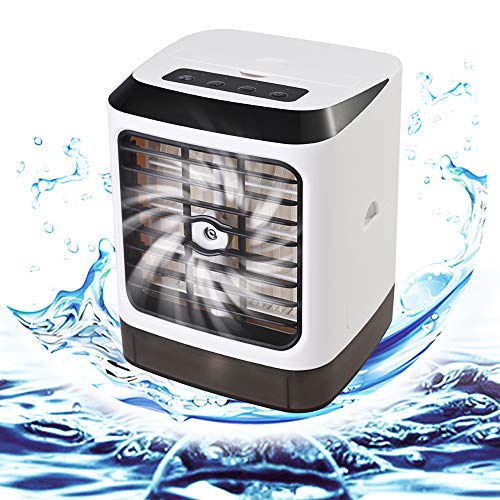 GOLDGE Mini Aire Acondicionado Portátil, Mini Enfriador Portátil USB Aire Acondicionado 3 en 1 Ventilador Purificador Humidificador para Hogar Oficina, 7 LED de Colores, 3 Velocidades Ajustable