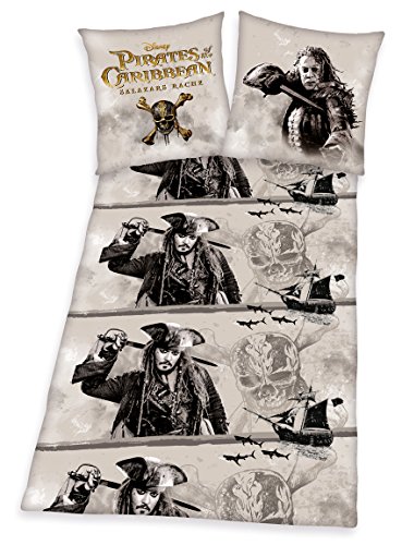 Herding Juego de almohadas y funda de nórdico (80 x 80 cm y 135 x 200 cm, microfibra, no necesita planchado, con cremallera), diseño de Piratas del Caribe de Disney