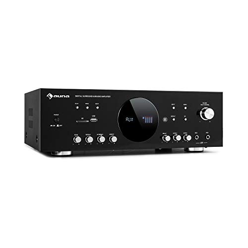 auna AMP-218 BT 5.1 Digital Surround Karaoke Amplificador ,Potencia de Salida: 2 x 120 Watt + 3 x 50 W RMS ,Amplificador Bluetooth ,Sintonizador FM y conexión de Antena ,USB / SD,Negro