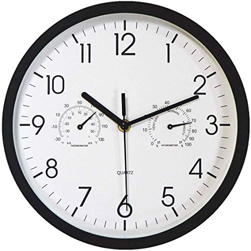 Foxtop Moderno Silencioso Reloj de Pared sin Tic TAC con Termómetro e Higrómetro, Mide Temperatura y Humedad, 25 cm Diámetro, funciona con Pilas, Color Negro
