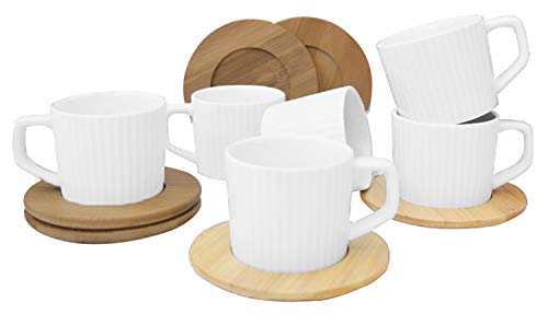 Hogar y Mas Juego de Café Natura Blanco Moderno, 6 Tazas con Platos de Bambú. Tazas de Café 6 Unidades, 100 ml