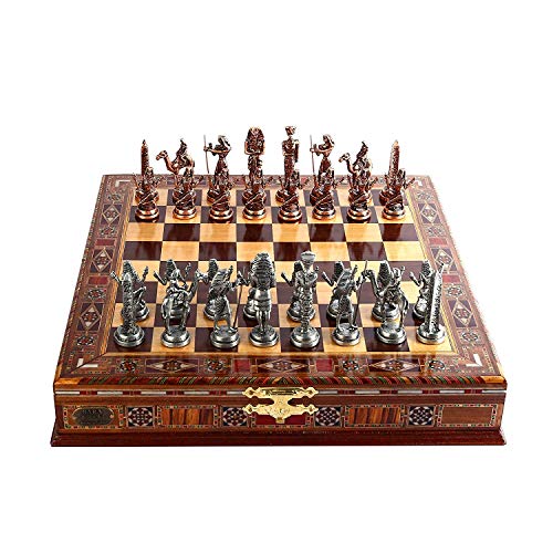Juego de ajedrez de cobre antiguo egipcio para adultos, piezas hechas a mano y tablero de ajedrez de madera maciza natural con diseño de perla alrededor de la tabla y almacenamiento interior de