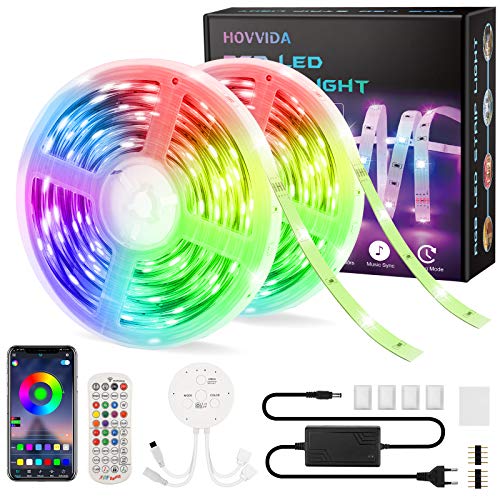 15M Tiras LED RGB 5050 Música, HOVVIDA Bluetooth Luces de Tiras LED 12V para Habitación, Controladas por APP, IR Control Remoto y Controlador, 16 Milliones de Colores, 28 Estilos, Modo de Horario