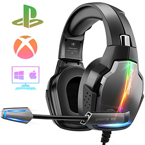 Cascos Gaming PS4, 4 Modos de Iluminación RGB y Orejeras Giratorias de 180°, Auriculares Estéreo Avanzados para Juegos con Micrófono Flexible, Compatibles con PS4/PS5/Xbox One/PC/Switch