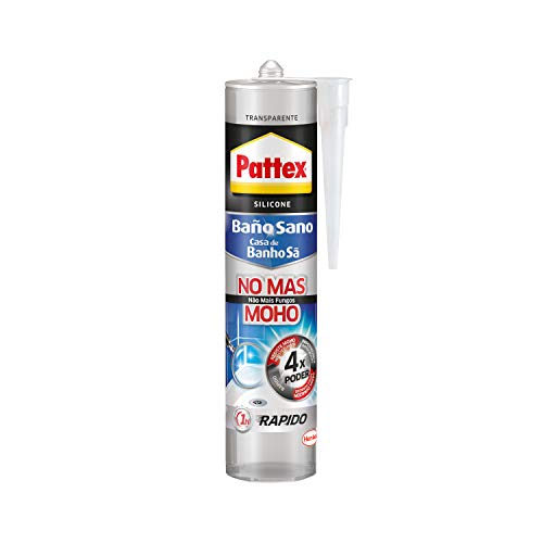 Pattex Baño Sano No Más Moho, silicona antimoho e impermeable, silicona transparente duradera cocina y baño, resistente silicona sanitaria, 1 cartucho x 280 ml Pattex Baño Sano No Más Moho, silicona antimoho e impermeable, silicona transparente duradera cocina y baño, resistente silicona sanitaria, 1 cartucho x 280 ml