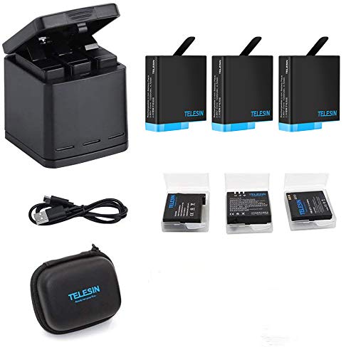 TELESIN Triple Charger Battery Set-Charging Box + 3 baterías con estuches de almacenamiento, cubierta de lente de la cámara, y lente Film 6 en 1 Kit de accesorios para GoPro Hero8 black/Hero7/Hero 6/5 TELESIN Triple Charger Battery Set-Charging Box + 3 baterías con estuches de almacenamiento, cubierta de lente de la cámara, y lente Film 6 en 1 Kit de accesorios para GoPro Hero8 black/Hero7/Hero 6/5