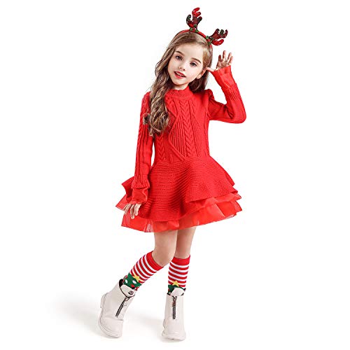 TTYAOVO Suéter para Niñas Vestido de Princesa de Punto de Manga Larga Tutú de Invierno Vestir 4-5 años(Talla120) 668 Rojo