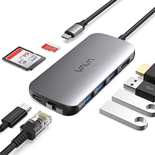 VAVA HUB USB C 8 en 1 Adaptador USB C Carga Rápida, Ethernet Rj45, HDMI 4k, 3 Puertos USB, Lector Tarjetas SD/TF Concentrador Compatible con Mac / Google ChromeBook Pixel y Otros Portatil USB Tipo C