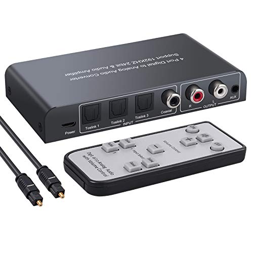 Convertidor 192kHz Audio Digital a Analógico 3 SPDIF Optico Toslink y 1 Coaxial a RCA L/R y Jack de 3.5 mm con Mando IR Soporte PCM Compatible con HDTV PS3 PS4 BLU-Ray Amplificador AV