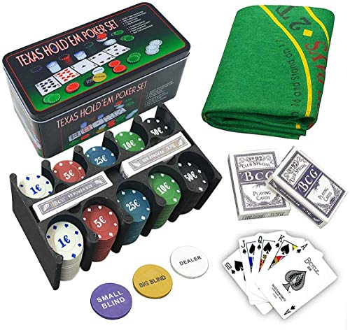 EUROXANTY® Set de Póker y Blackjack | Resistente Caja de Metal + Tapete de Juego | Fácil de Transportar