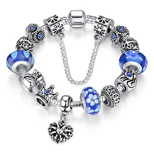 A TE® Charm Pulsera Abalorio Murano Cristal Vidrio Perlas con Cadena de Seguridad Chapado Blanco Oro #JW-B110 (Azul)