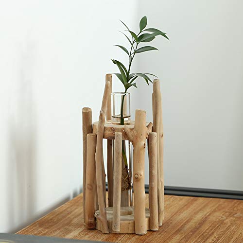 Belupai - Jarrón de cristal con forma de tubo para flores, contenedor hidropónico, decoración del hogar con soporte de estante de madera, Small, 11x11x19cm