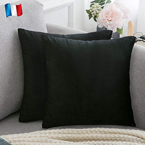 Douceur De Plumes Juego de 2 Fundas de cojín Negro 50x50 Terciopelo Decorativo Liso, Suave y Moderna Funda de Almohada Cuadrada, decoración escandinava Sala, sofá, Dormitorio (2 Negro)