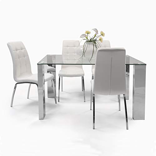 Homely - Conjunto de Comedor Karina II Mesa de 140x90 cm de Cristal y Acero Pulido y 4 sillas de Polipiel y Patas de Acero Cromado (Blanco)