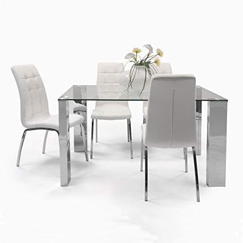Homely - Conjunto de Comedor Karina II Mesa de 140x90 cm de Cristal y Acero Pulido y 4 sillas de Polipiel y Patas de Acero Cromado (Blanco) Homely - Conjunto de Comedor Karina II Mesa de 140x90 cm de Cristal y Acero Pulido y 4 sillas de Polipiel y Patas de Acero Cromado (Blanco)