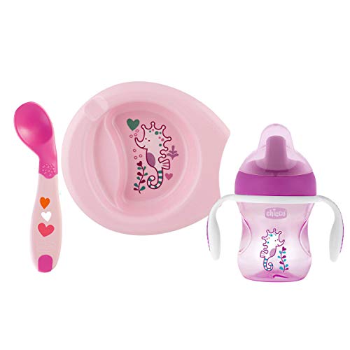 Chicco - Set vajilla comida completo, incluye plato + cubiertos + vaso, ideal bebés, 6 m+, color rosa