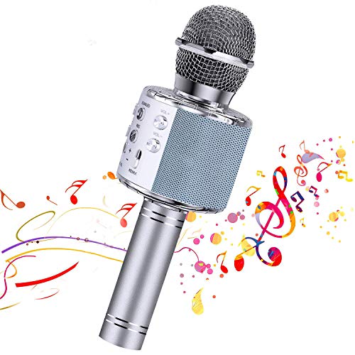 【Nuevo diseño 2020】 Micrófono de karaoke inalámbrico Bluetooth, Grabador de reproductor de altavoz de micrófono portátil, Máquina de altavoz de karaoke recargable (Silver)