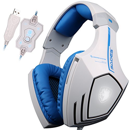 Sades A60 Auriculares, 7.1 USB, sonido estéreo envolvente, para jugadores, con diadema, con micrófono de alta sensibilidad, función de vibración, regulación del volumen, mando a distancia, logotipo de lobo, LED intermitente, color blanco