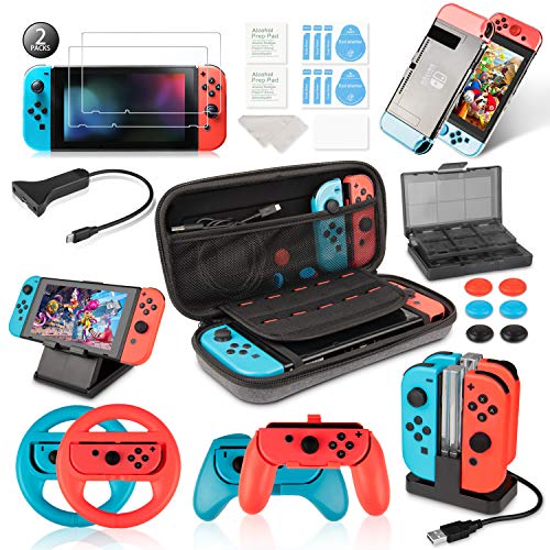 Keten Kit de Accesorios para Nintendo Switch - Funda para Transporte/Base de Carga/Soporte/Cable de Extensión/Funda de Tarjeta/Protector de Pantalla/Agarres y Ruedas/Funda/Tapas(19 en 1)