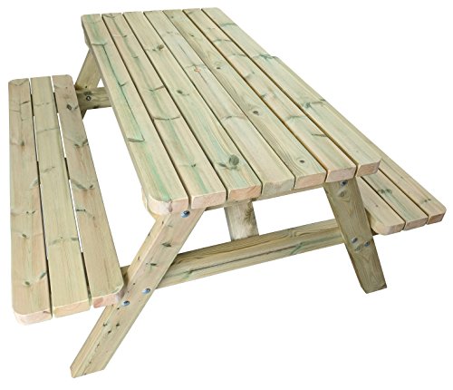 MG Timber Products Mesa de picnic de madera resistente de 1,52 m, fabricada con madera maciza de secoya sueca, tratada a presión para resistir la intemperie durante 15 años. Esquinas redondeadas