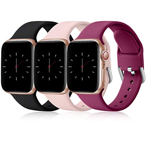 Wepro 3 Pack Correas Compatible con Apple Watch Correa 38mm 42mm 40mm 44mm, Correa de Silicona Suave de Repuesto Compatible con iWatch Series 6, 5 4 3 2 1, SE, 42mm/44mm-S/M Negro/Rosa/Fucsia