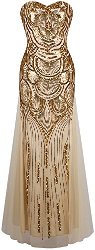 Angel-fashions – Vestido de mujer de lentejuelas, sin tirantes, de malla Gatsby, vestido de boda y banquetes dorado M