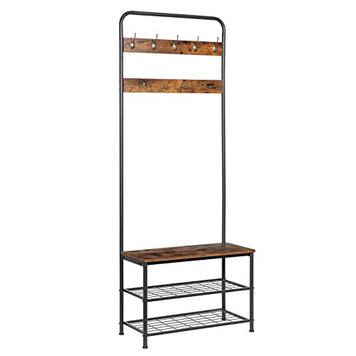 HOOBRO Perchero con Zapatero, Organizador de Árbol de Estilo Tubular, Estantería de Almacenamiento de Entrada con Ganchos Dobles Únicos, Mueble de Madera con Marco de Metal, Industrial EBF01MT01