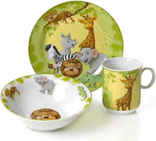 Ritzenhoff & Breker 006940 - Servicio de Mesa Infantil (3 Piezas: Plato, Cuenco y Taza), diseño de Animales de la Jungla