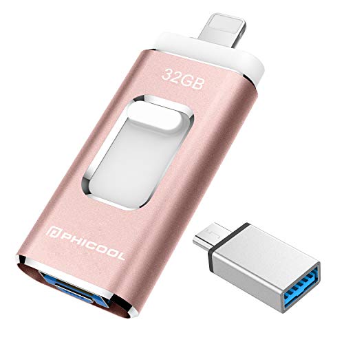 Unidad Memoria Flash USB 3.0 32 GB Memoria Lápiz Drive OTG PHICOOL [4 en 1] con Type C Conector USB Mirco Expansión de Memoria para iPhone, iPad, Android, PC - Rosa