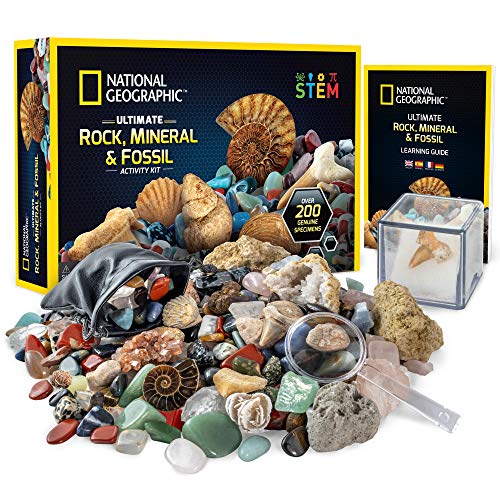 National Geographic Rocks & Fossils Kit – 200 Piece Set Includes Geodes, Real Fossils, Rose Quartz, Jasper, Aventurine & Many More Rocks, Crystals & Gemstones