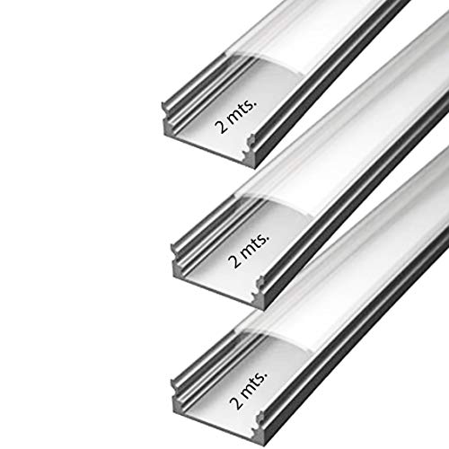 Perfil de aluminio para tira de LED,barra disipador en tiras de 2 metros,canal con difusor opaco PACK 6 mts. con soporte de montaje para la instalacion,tapas finales.