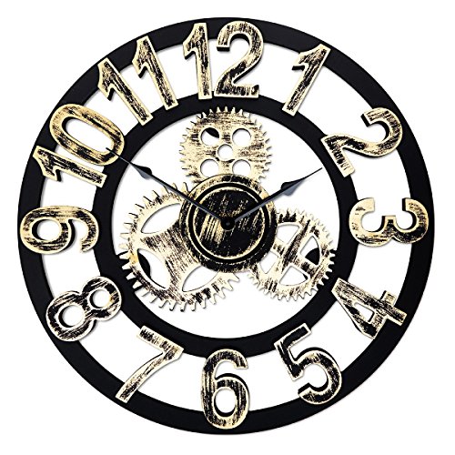 Top Race® Reloj de Pared Redondo de 16 Pulgadas, diseño de Engranajes Antiguos de Madera Hechos a Mano Color Oro con Números Romanos