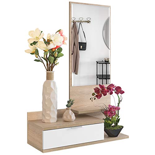 COMIFORT Recibidor Colgante - Mueble de Entrada con Cajón, Espejo y 3 Estantes de Estilo Nórdico y Moderno, Muy Resistente y Estable, de Color Blanco y Roble COMIFORT Recibidor Colgante - Mueble de Entrada con Cajón, Espejo y 3 Estantes de Estilo Nórdico y Moderno, Muy Resistente y Estable, de Color Blanco y Roble