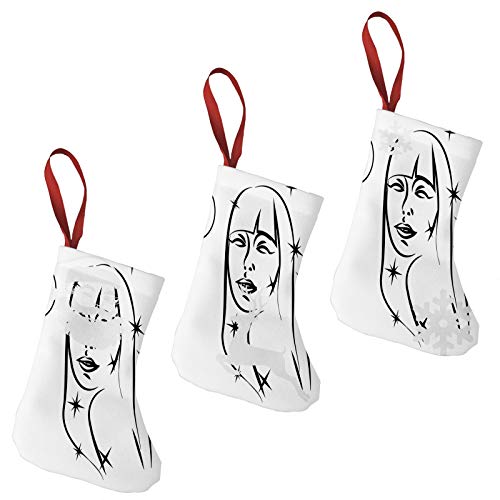 FULIYA Christmas Stockings Xmas Fireplace Hanging Stockings，Abstract Virgo Woman Portrait The Virgin with Stars and Symbol Monochrome，Decoration Stockings for Christmas Decoration DIY Craft