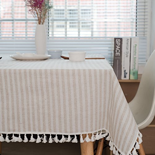 meioro Manteles Rectangular Mantel Antimanchas Mantel para Mesa de Lino Striped Tassel Tablecloth La decoración del hogar es Adecuada(Albaricoque / Rayas Blancas, 120×160cm)